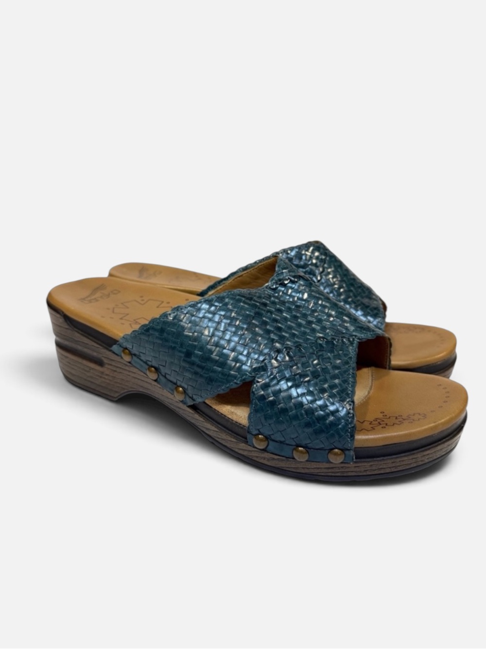 Dansko Mila Leather Basket Weave Crisscross Slide Sandal Clog Blue NWOB EU41